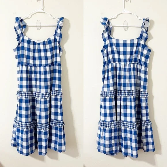 J.Crew Flutter-Sleeve Ruffle-Tiered Midi Dress Gingham Combo Blue White Size XL - Picture 3 of 14